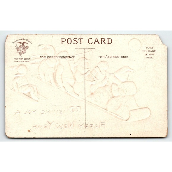 New Year Postcard Toboggan Wood Sled Full Moon Church Bernhardt Wall 1908 Emboss - Picture 2 of 2